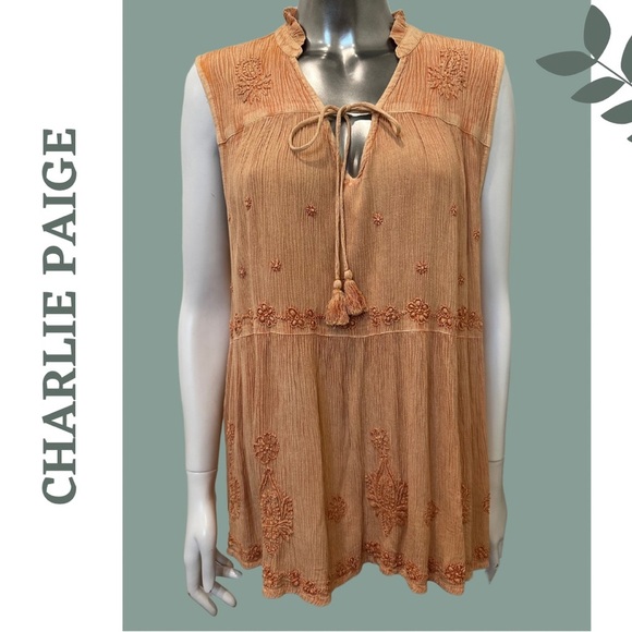 Charlie Paige Women's Brown Orange Embroidered Sleeveless Top Boho Indie Large - Picture 1 of 5